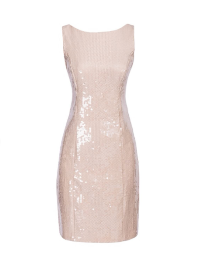 A sleeveless, bodycon mini dress covered in light pink sequins, shown against a plain white background.