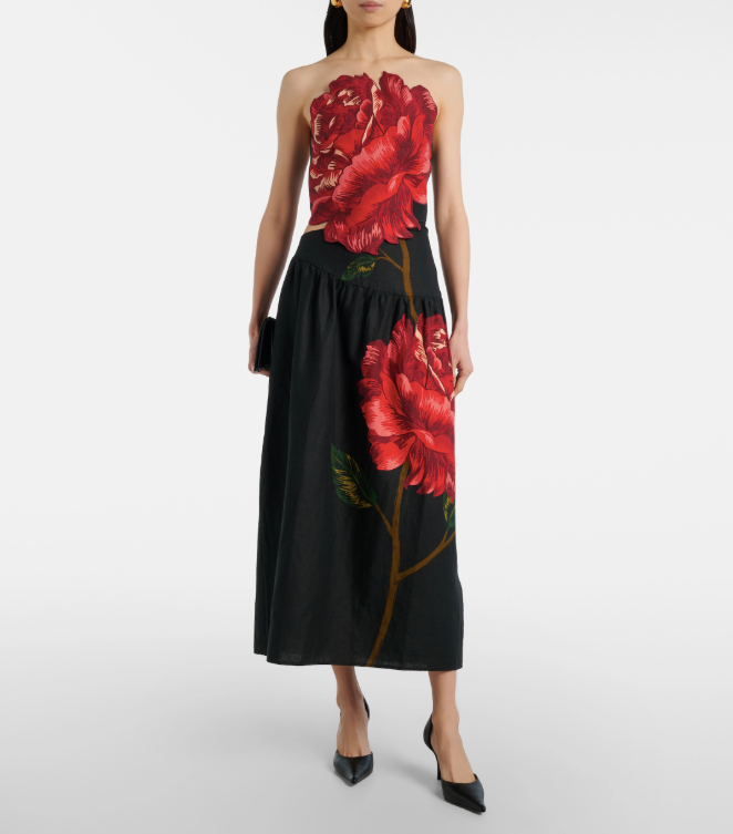 Farm Rio Floral-Applique Midi Dress
